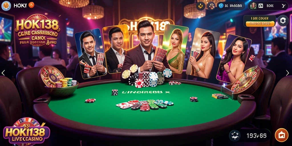 Tampilan gameplay seru HOKI138 dengan dealer langsung dan suasana kasino.
