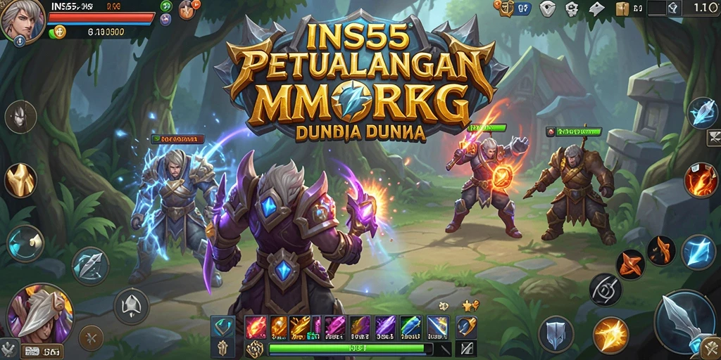 Screenshot gameplay INS55 yang menunjukkan pertarungan epik di dunia MMORPG.