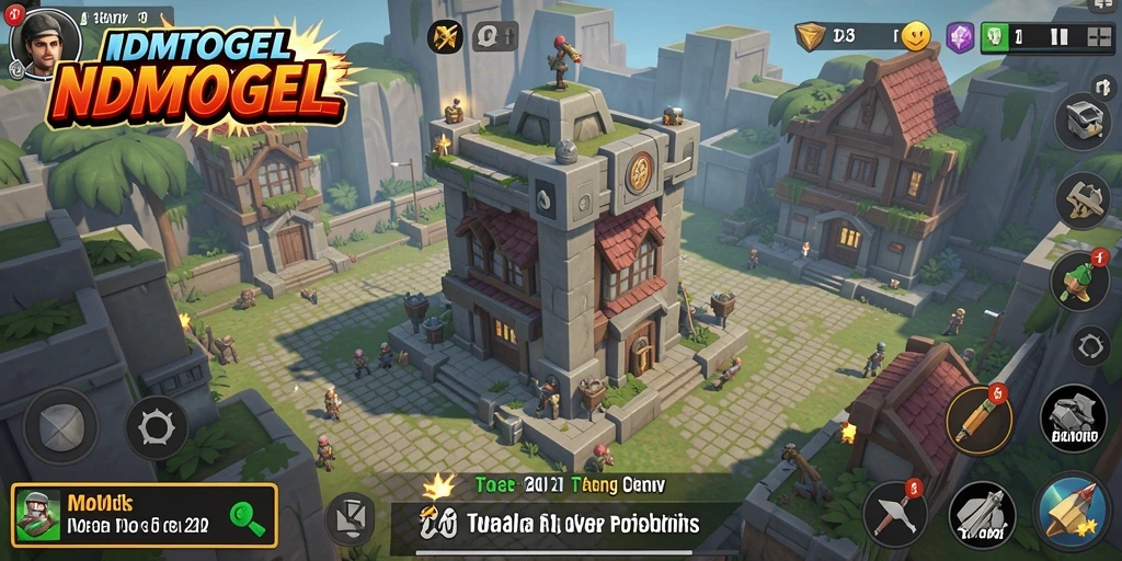 Tangkapan layar gameplay NDMTOGEL menampilkan aksi menara dalam Tower Defense.
