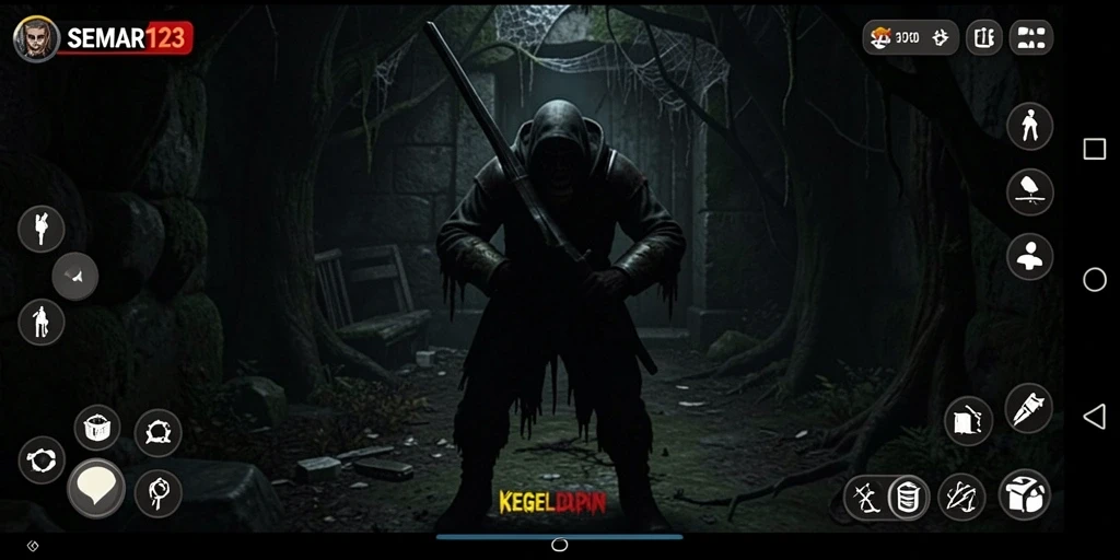 Tampilan gameplay menyeramkan dari SEMAR123 yang menampilkan makhluk menakutkan.