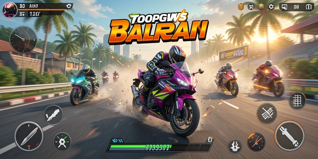 Tampilan screenshot TOOPGWS dengan aksi balapan motor yang mendebarkan.